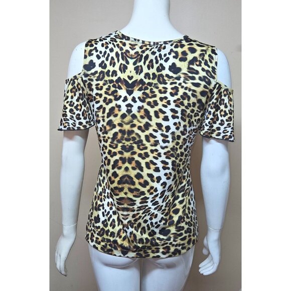 ASH & SARA Leopard Cold Shoulder Top Blouse with Colorful Design Women Size Sm - Picture 5 of 7